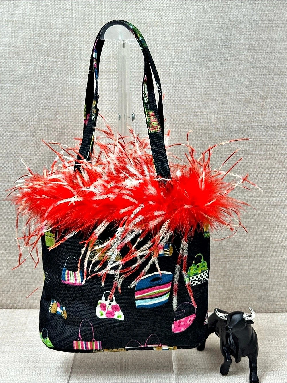 Feather Trim Printed Tote in Black & Red